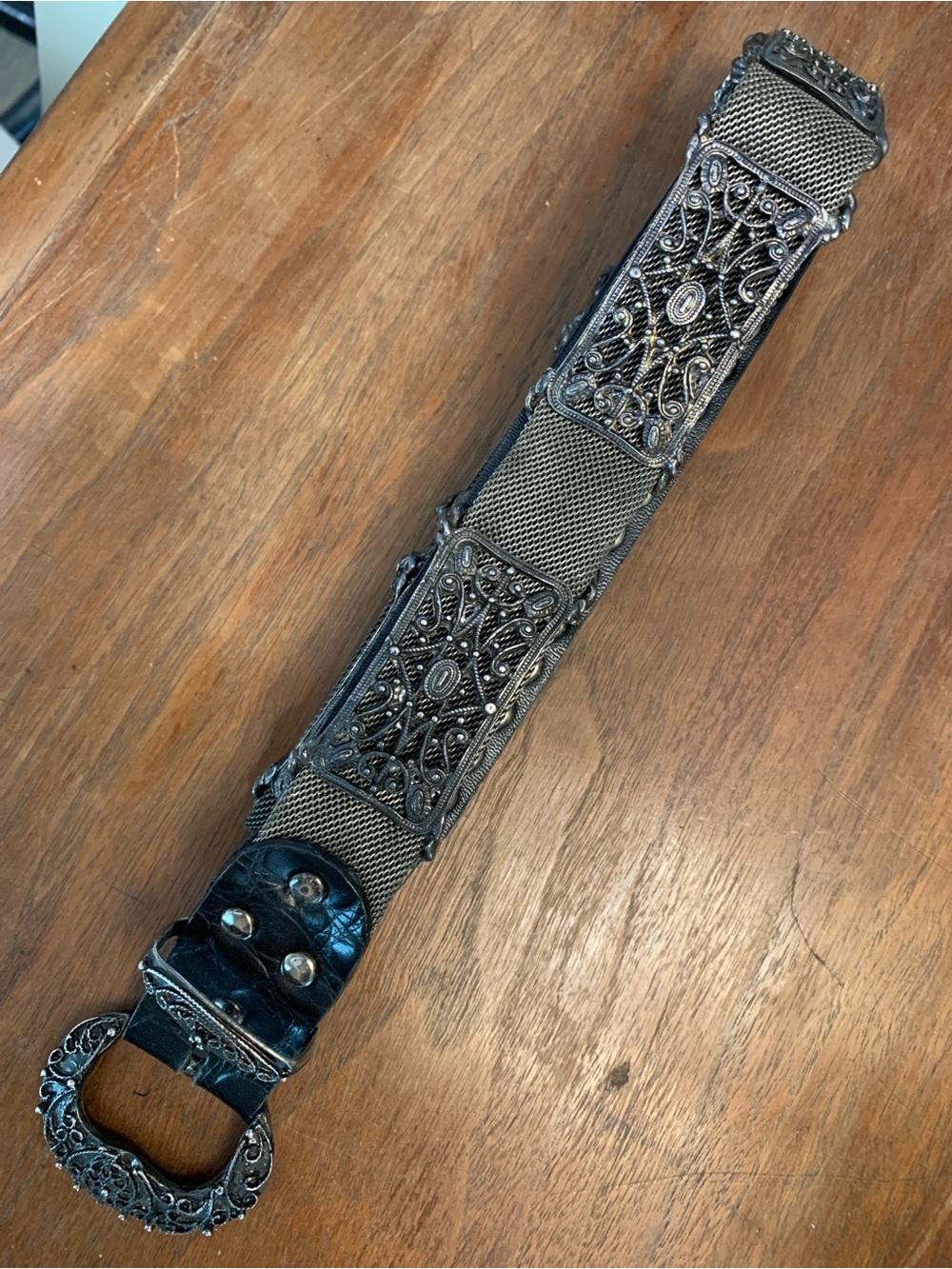 Womens Soft Goth Decorative Belt Filagree Metal Pieces on Coated Mesh